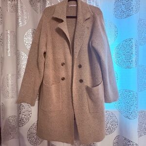Women's Long Tan Double-Breasted Sweater Coat